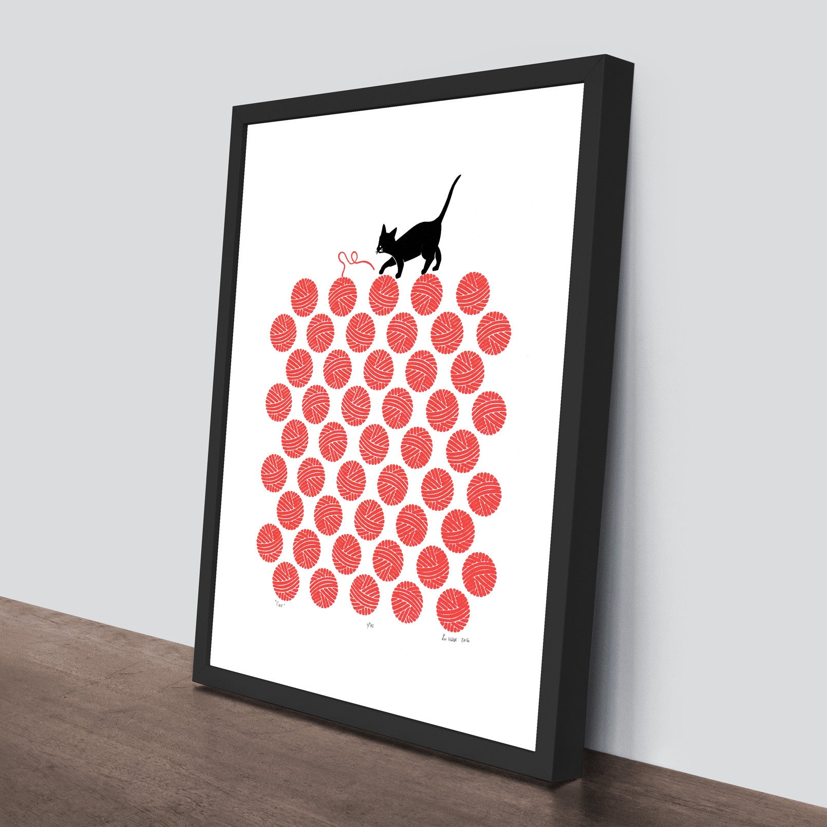 Hello Kitty! Limited Edition silkscreen print of a playful little cat entangled in a dotty pattern of bright cherry red balls of knitting wool.