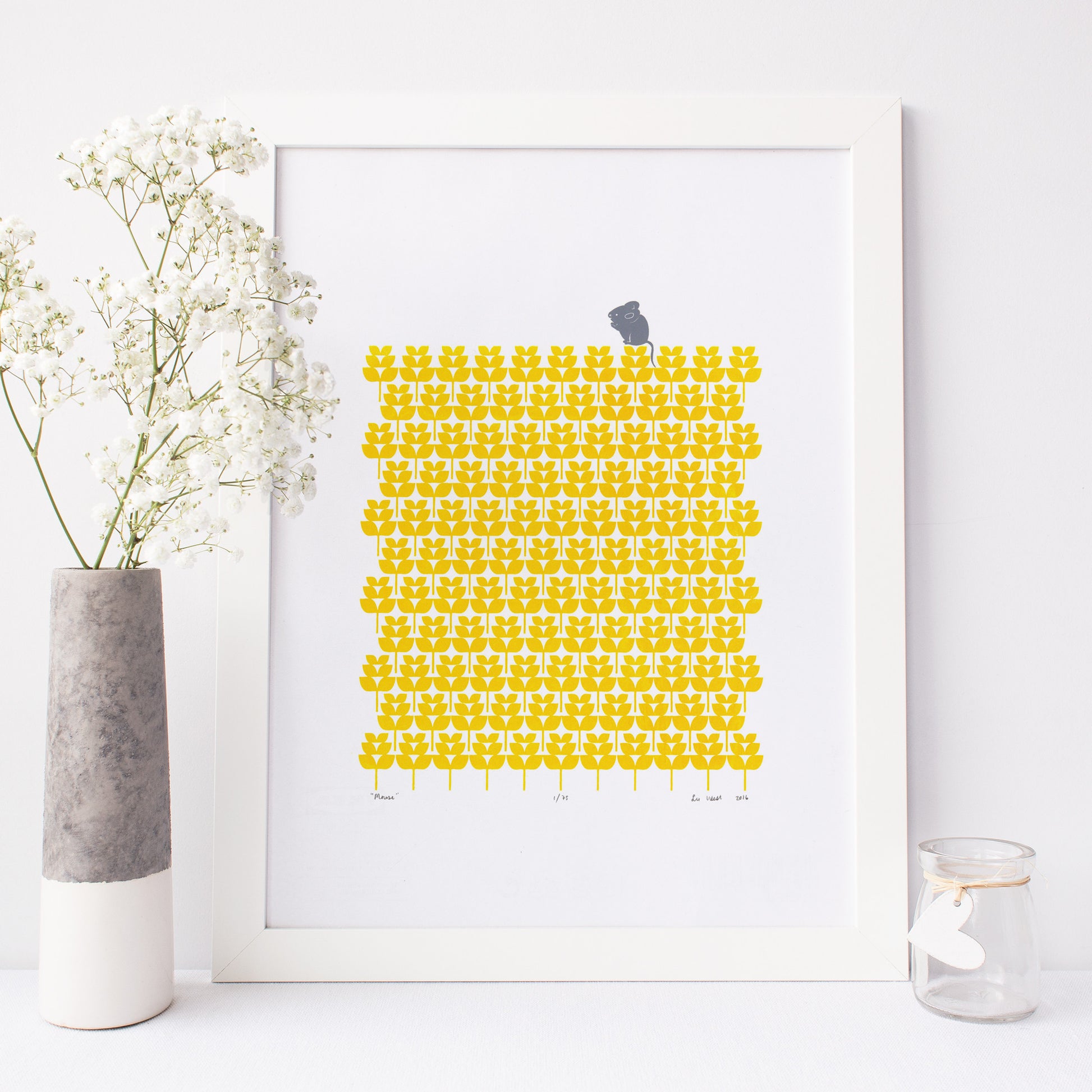 Adorable print of a little mouse with a harvest of buttercup yellow wheat fields. This bright print will add a touch of modern retro Scandinavian to your home.