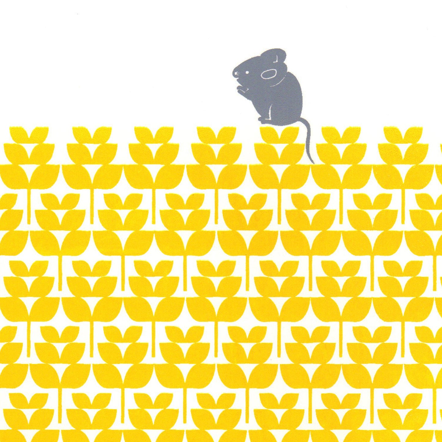 Adorable print of a little mouse with a harvest of buttercup yellow wheat fields. This bright print will add a touch of modern retro Scandinavian to your home.