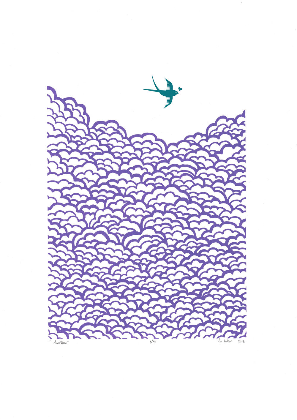 Graphic Scandinavian Style fine art print of a little bird flying high above the clouds. The jewel tones of amethyst will bring Nordic charm to your interiors.