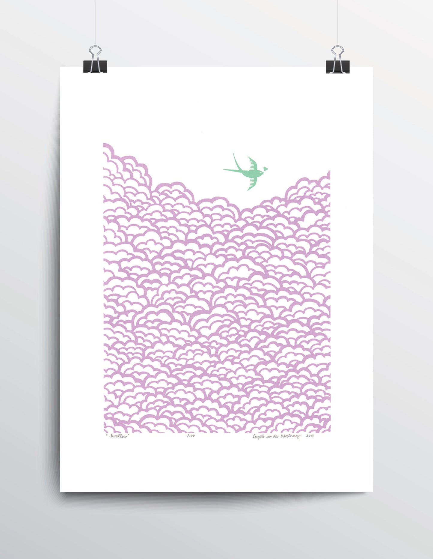 Swallow Screen Print in Lilac and Aquamarine