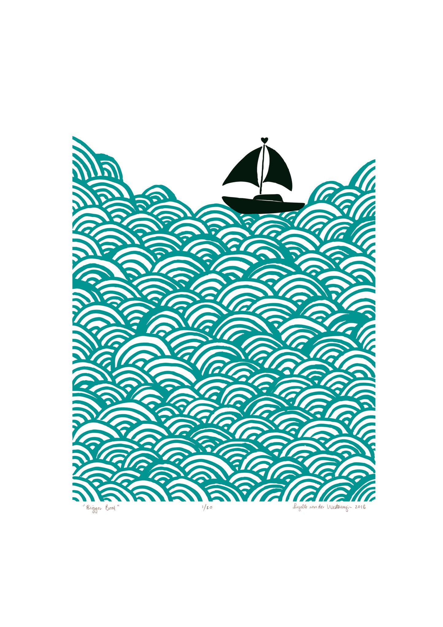 Nautical Scandinavian style print of a little yacht sailing the big blue. 