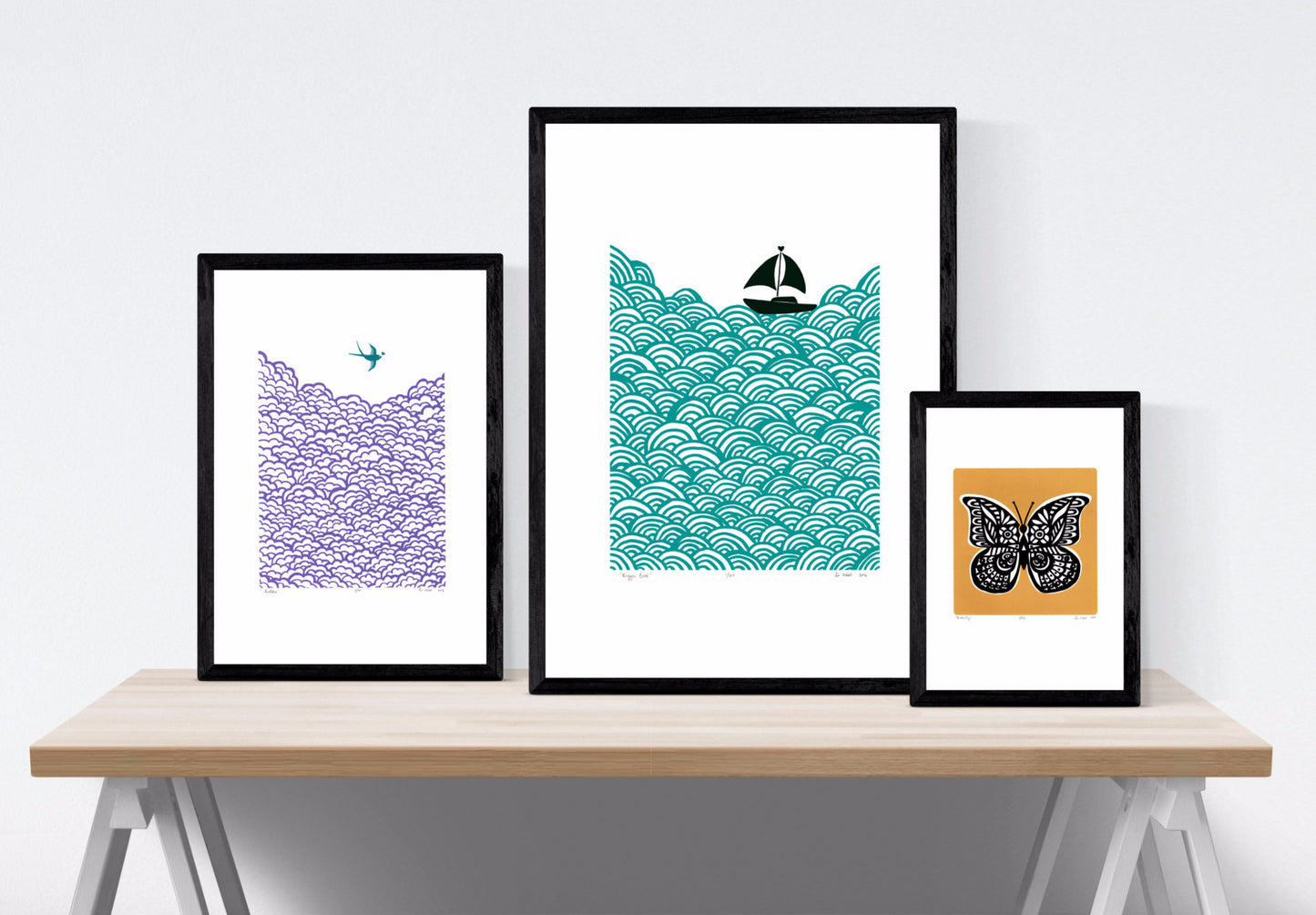 Graphic Scandinavian Style fine art print of a little bird flying high above the clouds. The jewel tones of amethyst will bring Nordic charm to your interiors.